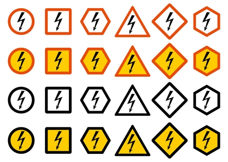 Industry concept. Set of different warning signs: chemical, radioactive, dangerous, toxic, poisonous hazard. Danger sign from electricity and lightning. High voltage. Vector illustration.のイラスト素材