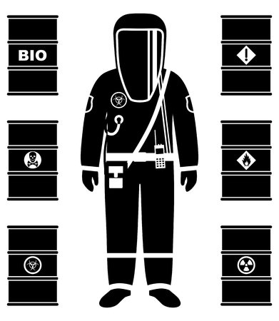 Industry concept. Black silhouette of worker in protective suit. Metal barrels for oil, biofuel, explosive, chemical, radioactive, toxic, hazardous, dangerous, flammable and poisonous substances.のイラスト素材