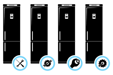 Repair service concept. Simple icons set: wrench, screwdriver, hammer and gear. Mending of refrigerators. Vector illustration.のイラスト素材