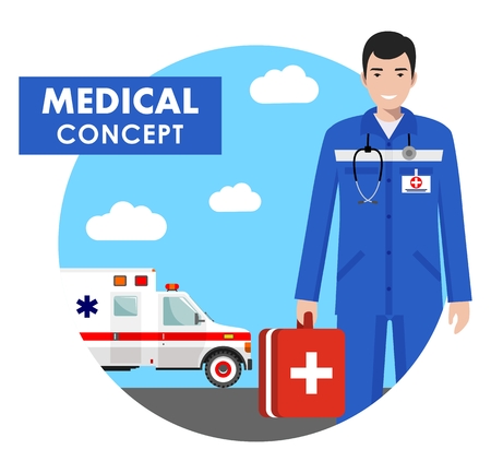 Medical concept. Detailed illustration of medical people in uniform on background with ambulance car in flat style. Vector illustration.のイラスト素材