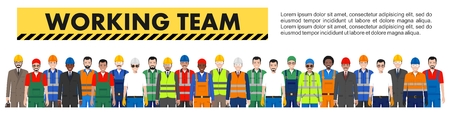 Group of working people isolated on white background. Set of diverse worker, builder and engineer standing together in a row in uniform. Different nationalities and dress styles. Cute and simple in flat style.のイラスト素材