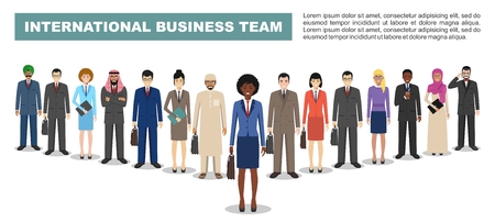 Group of creative people isolated on white background. Set of diverse business people standing together. Different nationalities and dress styles. Cute and simple in flat style.のイラスト素材