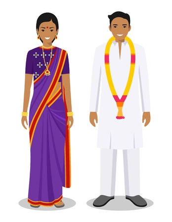 Set of standing together indian man and woman in the traditional clothing isolated on white background in flat style. Differences people in the east dress. Vector illustration.のイラスト素材