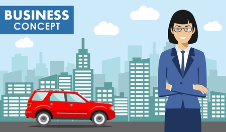 Business concept. Detailed illustration of young american businesswoman on background with red car and cityscape in flat style. Vector illustration.のイラスト素材