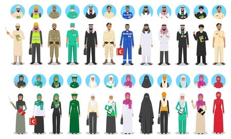 Different muslim Middle East people occupation characters set in flat style. Professions of men and women. Set of avatars icons. Templates for infographic, sites, banners, social networks. Vector.のイラスト素材