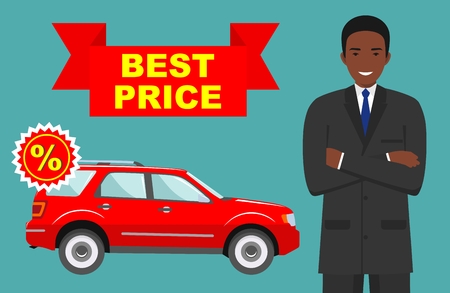 Smiling salesperson showing the car. Auto business car sale concept. Detailed illustration of african american businessman and red auto in flat style. Dealer with a car in his hand.のイラスト素材