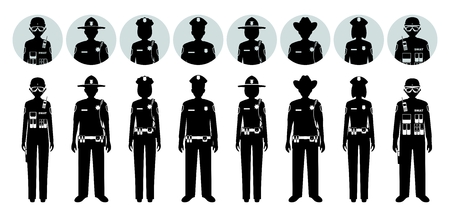 Police people concept. Set of different black silhouettes and avatars icons of SWAT officer, policeman, policewoman and sheriff in flat style on white background. Vector illustration.の写真素材