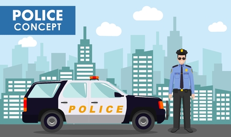 Police concept. Detailed illustration of police officer and police car on background with cityscape in flat style. Vector illustration.のイラスト素材
