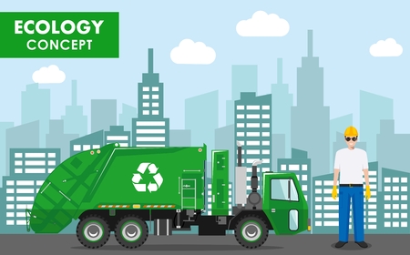 Ecology concept. Detailed illustration of garbage man in uniform and garbage truck on modern cityscape background in flat style. Vector illustration.