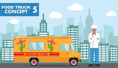 Modern delicious commercial food truck vehicle. Vector colorful flat mexican food truck and cook, head chef in uniform in uniform on background with cityscape. Street cuisine. Auto restaurant, mobile kitchen, hot fastfood, spicy food. Design elements.のイラスト素材