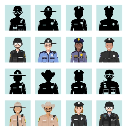 Set of police flat style icons: sheriff, SWAT officer and policeman. Vector illustration.のイラスト素材