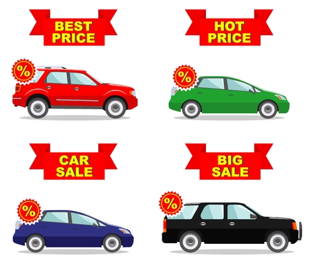 Car showroom. Big sale. Hot price. Set of discount icons for cars. Colored business class automobile isolated on white background in flat style. Shopping design. Vector illustration.の写真素材