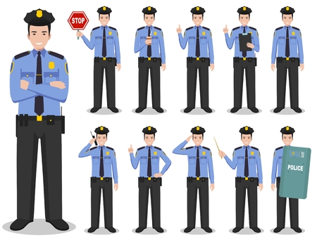 Set of different detailed illustration of american SWAT officer, policeman and sheriff standing in different positions in flat style on white background. Vector illustration.のイラスト素材