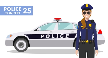 Detailed illustration of police car and woman police officer in flat style on white background.のイラスト素材
