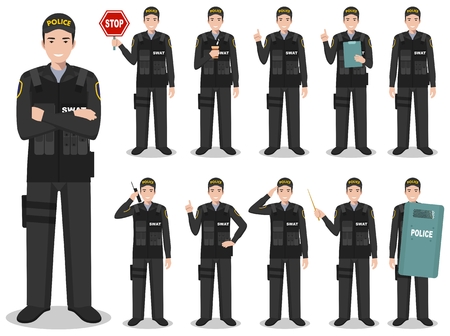 Set of different detailed illustration of american SWAT officer, policeman and sheriff standing in different positions in flat style on white background. Police USA concept. Vector illustration.のイラスト素材