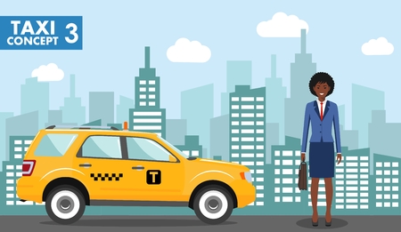 Taxi service concept. Detailed illustration of african american businesswoman on background with taxi and cityscape in flat style.のイラスト素材