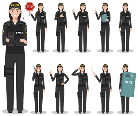 Set of different detailed illustration of american SWAT officer, policewoman and sheriff standing in different positions in flat style on white background. Police USA concept. Vector illustration.のイラスト素材