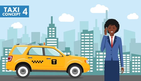 Taxi service concept. Detailed illustration of african american businesswoman on background with taxi and cityscape in flat style.のイラスト素材