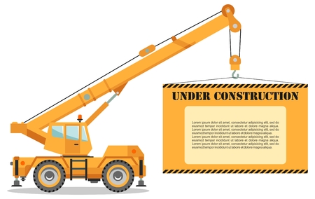 Detailed illustration of colored crane truck with board. Heavy construction equipment and machinery. Vector illustration.のイラスト素材