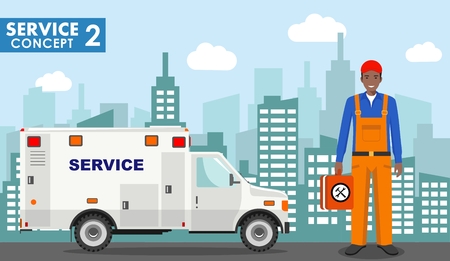 Repair service concept. Detailed illustration of master repairer and service car on background with cityscape in flat style.. Vector illustration.のイラスト素材