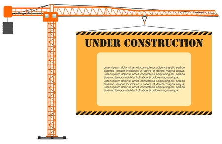 Detailed illustration of colored tower crane with board. Heavy equipment and machinery. Vector illustration.のイラスト素材