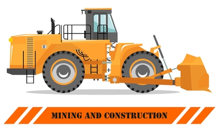 Detailed illustration of wheel dozer. Bulldozer. Heavy mining machine equipmente and construction machinery. Vector illustration.のイラスト素材