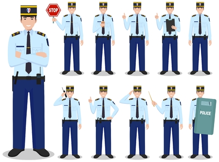 Set of different detailed illustration of french policeman standing in different positions in flat style on white background. Vector illustration. Cute and simple in flat style.のイラスト素材
