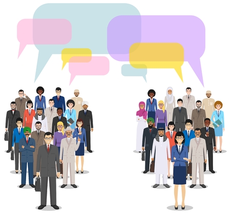 Group of creative people and speech bubbles isolated on white background. Set of diverse business people standing together. Different nationalities and dress styles. Cute and simple in flat style. Flat design people characters.のイラスト素材