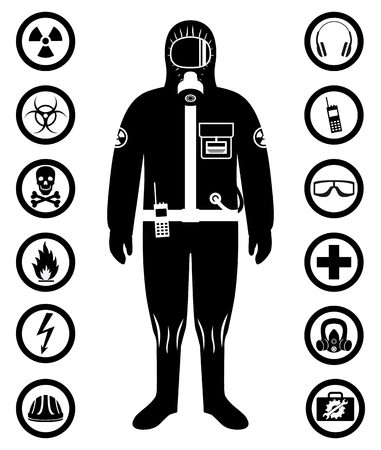 Man in protective suit in flat style. Dangerous profession. Occupational safety and health vector icons. Set of different signs of chemical, radioactive, toxic, poisonous, hazardous substances. Vector illustration.のイラスト素材