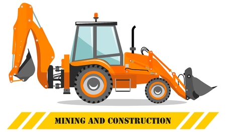 Detailed illustration of backhoe loader. Heavy mining machine equipmente and construction machinery. Vector illustration.のイラスト素材
