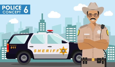 Police concept. Detailed illustration of police officer, sheriff and police car on background with cityscape in flat style. Vector illustration.のイラスト素材