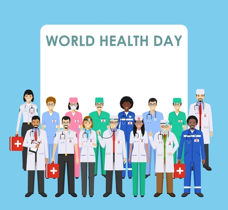 World Health Day concept. Detailed illustration of medical people in flat style isolated on blue background. Practitioner doctor and nurses standing in different positions. Vector illustration.のイラスト素材