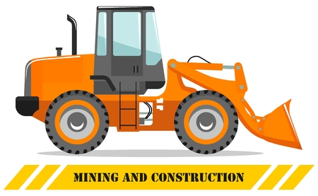 Detailed illustration of wheel loader. Heavy mining machine equipmente and construction machinery. Vector illustration.のイラスト素材