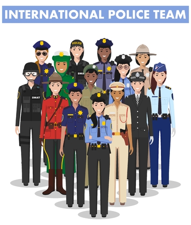 International police team. Detailed illustration of police different countries in flat style on white background.のイラスト素材