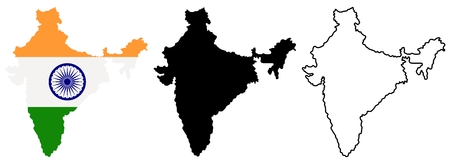 Map of India in different style: colored with indian national flag inside, black silhouette and contour. Vector illustrationのイラスト素材