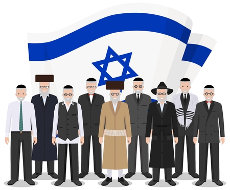 Social concept. Group senior jewish people standing together in different traditional national clothes on background with Israel flag in flat style. Vector illustration.のイラスト素材
