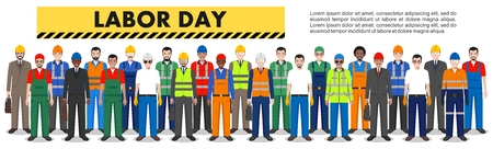 Labor day. Group of working people isolated on white background. Set of diverse worker, builder and engineer standing together in row. Different nationalities and uniforms.のイラスト素材