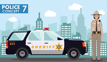 Police concept. Detailed illustration of policewoman, sheriff on background with police car and cityscape in flat style. Vector illustration.のイラスト素材