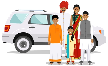 Family and social concept. Indian person generations at different ages. Set of people in traditional national clothes: father, mother, boy, girl standing together near car. Vector illustration.のイラスト素材