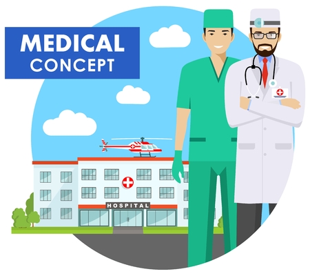Medical concept. Detailed illustration of medical people in uniform on background with medical center and helicopter in flat style. Vector illustration.のイラスト素材