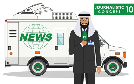 Detailed illustration of arabic journalist and TV or news car in flat style on white background. Vector illustration.のイラスト素材