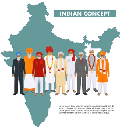 Family and social concept. Group indian adult and senior people standing together in different traditional national clothes on background with map of India in flat style. Vector illustration.のイラスト素材
