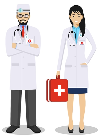 Medical teamwork concept. Detailed illustration couple of paramedic man and woman, emergency doctor, nurse in flat style. Practitioner doctors standing together. Vector illustration.のイラスト素材