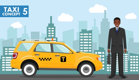 Taxi service concept. Detailed illustration of african american businessman on background with taxi and cityscape in flat style.のイラスト素材