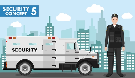 Detailed illustration of armored security car and security guard on background with cityscape in flat style. Vector illustration.のイラスト素材