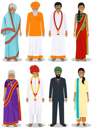 Set of different standing indian old and young adult people in the traditional clothing isolated on white background in flat style. Differences men and women in the national east dress. Vector.のイラスト素材