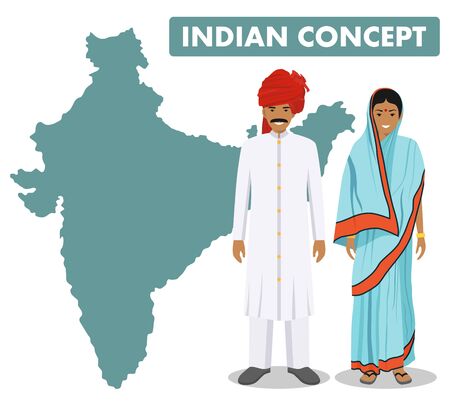 Family and social concept. Set of couple standing together indian man and woman in different traditional national clothes on background with map of India in flat style. Vector illustration.のイラスト素材