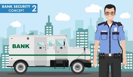 Bank security concept. Detailed illustration of armored car and security guard on background with cityscape in flat style. Vector illustration.のイラスト素材