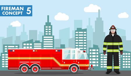Fireman concept. Detailed illustration of man firefighter and fire truck in flat style on background with cityscape. Vector illustration.のイラスト素材