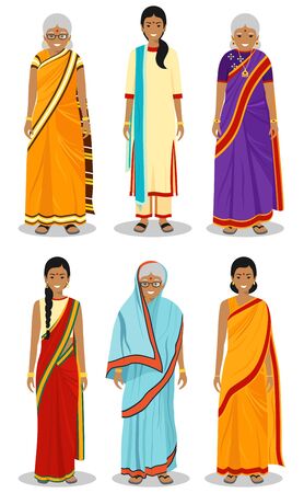 Indian woman. Set of different standing old, adult and young women in the traditional national clothing isolated on white background in flat style. Differences people in the east dress. Vector.のイラスト素材